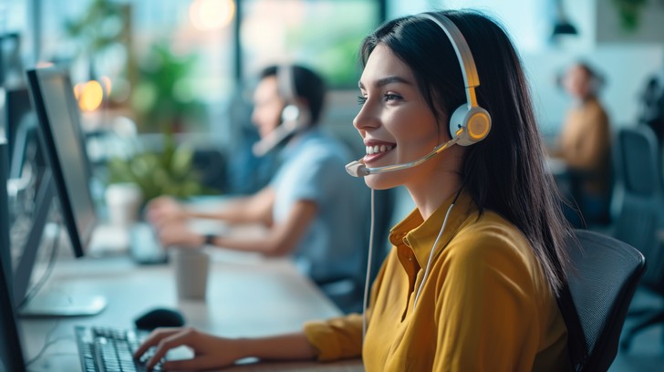 An image of a smiling customer service specialist assisting a client via headset.